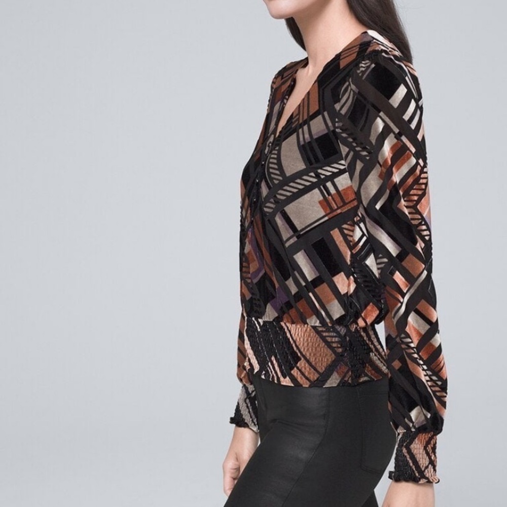 White House Black Market Geo Print Velvet Long Sleeve Blouse - Picture 2 of 8